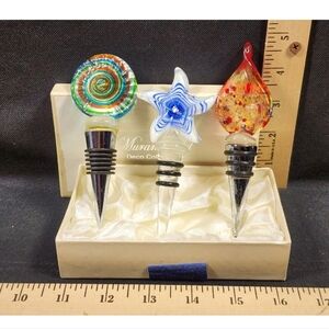Lot Of 3 Murano Glass Wine Stoppers Rubber/Stainless Steel Handmade New In Box